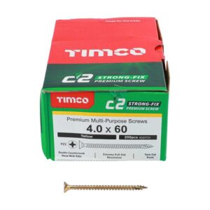4.0 x 60mm Timco C2 Strong Fix PZ Double Countersunk Sharp Point Premium Wood Screw Zinc-Yellow (Box of 200)