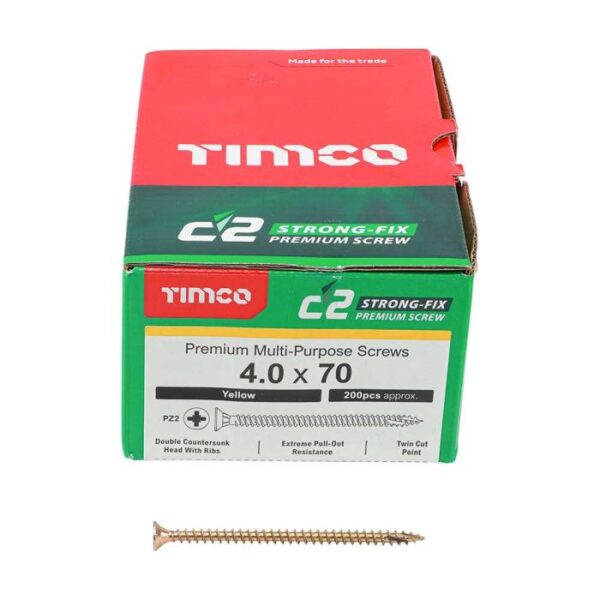 4.0 x 70mm Timco C2 Strong Fix PZ Double Countersunk Sharp Point Premium Wood Screw Zinc-Yellow (Box of 200)